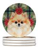 Pomeranian Christmas PoinsettIas Large Sandstone Coasters Pack of 4 Absorbent Round Coasters Decor Gifts for Men or Women, 4 in, Multicolor