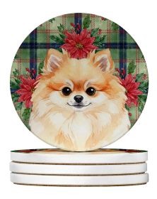 Pomeranian Christmas PoinsettIas Large Sandstone Coasters Pack of 4 Absorbent Round Coasters Decor Gifts for Men or Women, 4 in, Multicolor