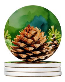 Maine White Pine Cone and Tassels in Watercolor Large Sandstone Coasters Pack of 4 Absorbent Round Coasters Decor Gifts for Men or Women, 4 in