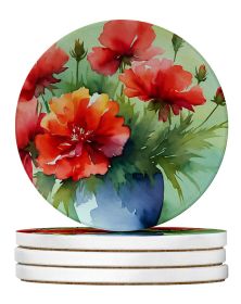 Ohio Scarlet Carnations in Watercolor Large Sandstone Coasters Pack of 4 Absorbent Round Coasters Decor Gifts for Men or Women, 4 in, Multicolor