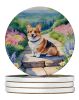 Corgi Spring Path Large Sandstone Coasters Pack of 4 Absorbent Round Coasters Decor Gifts for Men or Women, 4 in, Multicolor