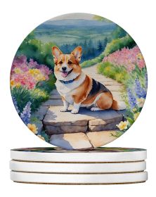Corgi Spring Path Large Sandstone Coasters Pack of 4 Absorbent Round Coasters Decor Gifts for Men or Women, 4 in, Multicolor