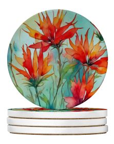 Wyoming Indian Paintbrush in Watercolor Large Sandstone Coasters Pack of 4 Absorbent Round Coasters Decor Gifts for Men or Women, 4 in, Multicolor
