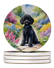 Black Poodle Spring Path Large Sandstone Coasters Pack of 4 Absorbent Round Coasters Decor Gifts for Men or Women, 4 in, Multicolor