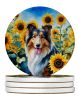 Collie in Sunflowers Large Sandstone Coasters Pack of 4 Absorbent Round Coasters Decor Gifts for Men or Women, 4 in, Multicolor