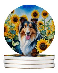 Collie in Sunflowers Large Sandstone Coasters Pack of 4 Absorbent Round Coasters Decor Gifts for Men or Women, 4 in, Multicolor