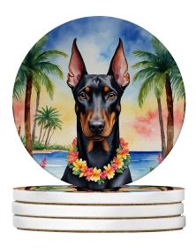 Doberman Pinscher Luau Large Sandstone Coasters Pack of 4 Absorbent Round Coasters Decor Gifts for Men or Women, 4 in, Multicolor