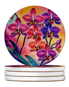 Colorful Orchids Large Sandstone Coasters Pack of 4 Absorbent Round Coasters Decor Gifts for Men or Women, 4 in, Multicolor
