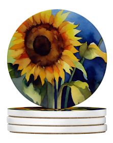 Sunflowers in Watercolor Large Sandstone Coasters Pack of 4 Absorbent Round Coasters Decor Gifts for Men or Women, 4 in, Multicolor