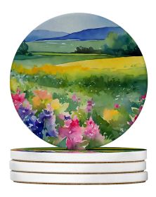 Massachusetts Mayflowers in Watercolor Large Sandstone Coasters Pack of 4 Absorbent Round Coasters Decor Gifts for Men or Women, 4 in, Multicolor