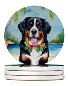 Bernese Mountain Dog Luau Large Sandstone Coasters Pack of 4 Absorbent Round Coasters Decor Gifts for Men or Women, 4 in, Multicolor