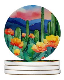 Arizona Saguaro Cactus Blossom in Watercolor Large Sandstone Coasters Pack of 4 Absorbent Round Coasters Decor Gifts for Men or Women, 4 in