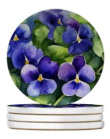 Rhode Island Violets in Watercolor Large Sandstone Coasters Pack of 4 Absorbent Round Coasters Decor Gifts for Men or Women, 4 in, Multicolor