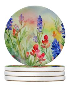 Texas Bluebonnets in Watercolor Large Sandstone Coasters Pack of 4 Absorbent Round Coasters Decor Gifts for Men or Women, 4 in, Multicolor