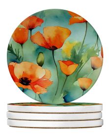 California California Poppies in Watercolor Large Sandstone Coasters Pack of 4 Absorbent Round Coasters Decor Gifts for Men or Women, 4 in, Multicolor
