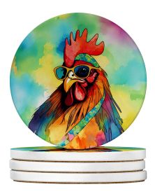 Hippie Animal Rooster Large Sandstone Coasters Pack of 4 Absorbent Round Coasters Decor Gifts for Men or Women, 4 in, Multicolor (Default: Default)