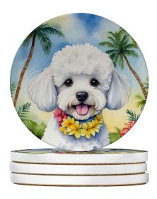 Bichon Frise Luau Large Sandstone Coasters Pack of 4 Absorbent Round Coasters Decor Gifts for Men or Women, 4 in, Multicolor (Default: Default)