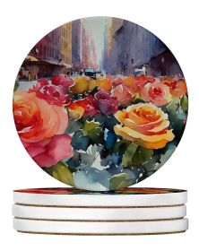 New York Roses in Watercolor Large Sandstone Coasters Pack of 4 Absorbent Round Coasters Decor Gifts for Men or Women, 4 in, Multicolor (Default: Default)