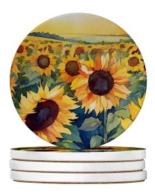 Kansas Sunflowers in Watercolor Large Sandstone Coasters Pack of 4 Absorbent Round Coasters Decor Gifts for Men or Women, 4 in, Multicolor (Default: Default)